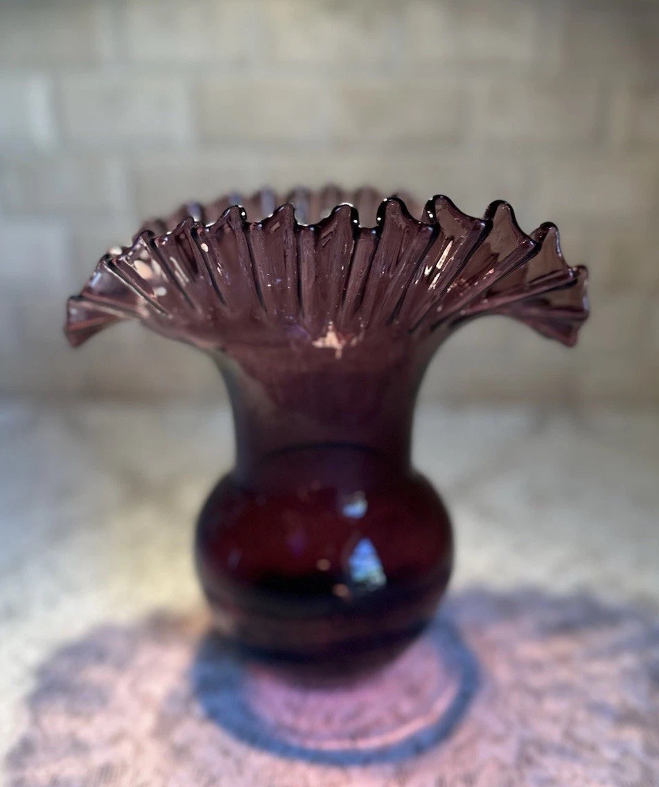 Blenko #390 Purple Amethyst Glass Vase, Mid-Century Crimped Rim Hand Blown 7.75”