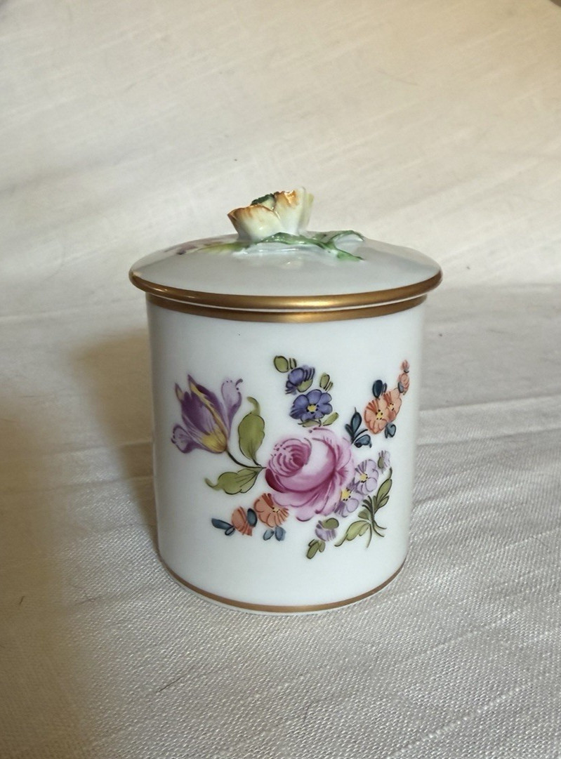 SIGNED SP DRESDEN PORCELAIN JAR PAINTED FLOWERS WITH LID