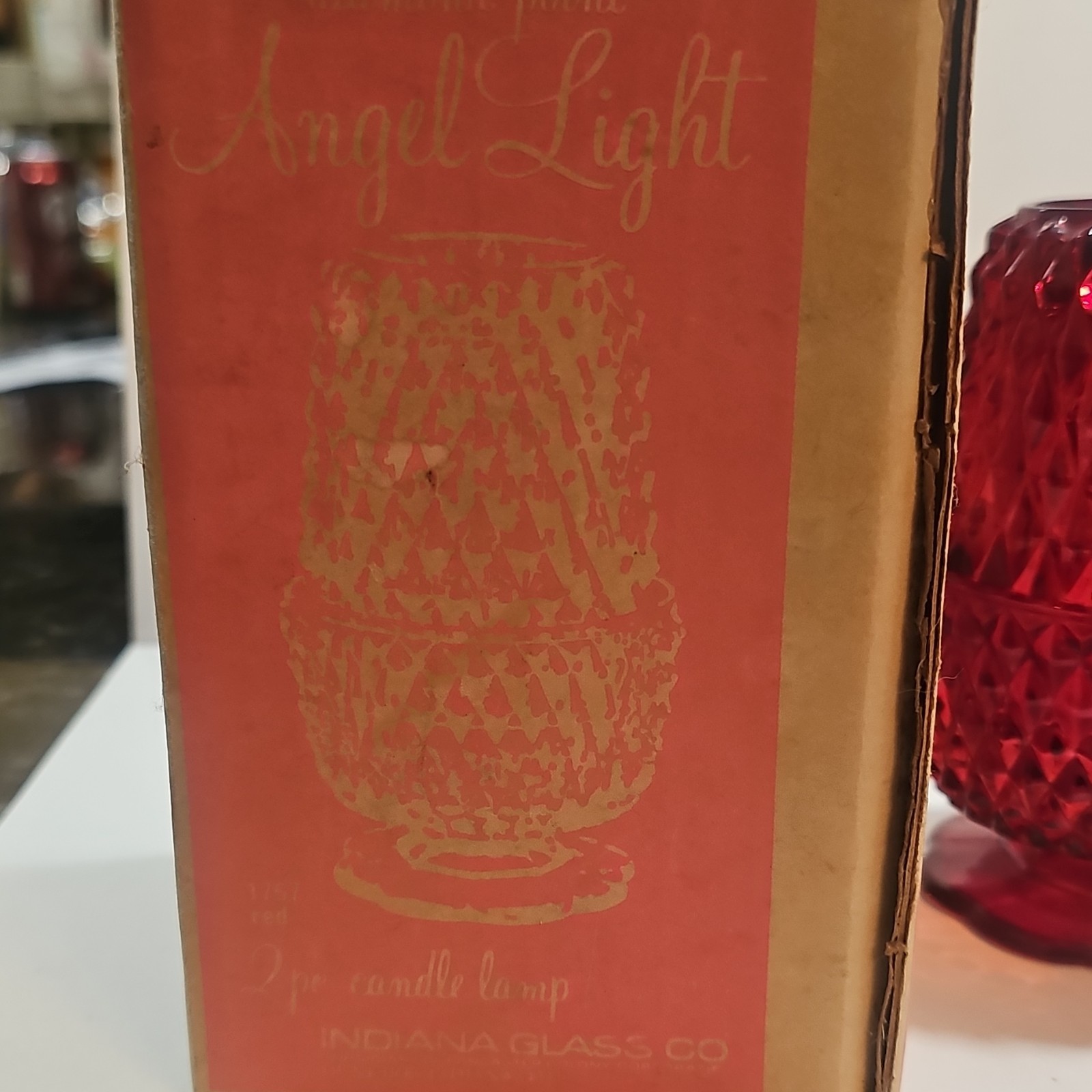 Indiana Glass Diamond Point Angel Light red candle lamp 2pc w/ box 1767