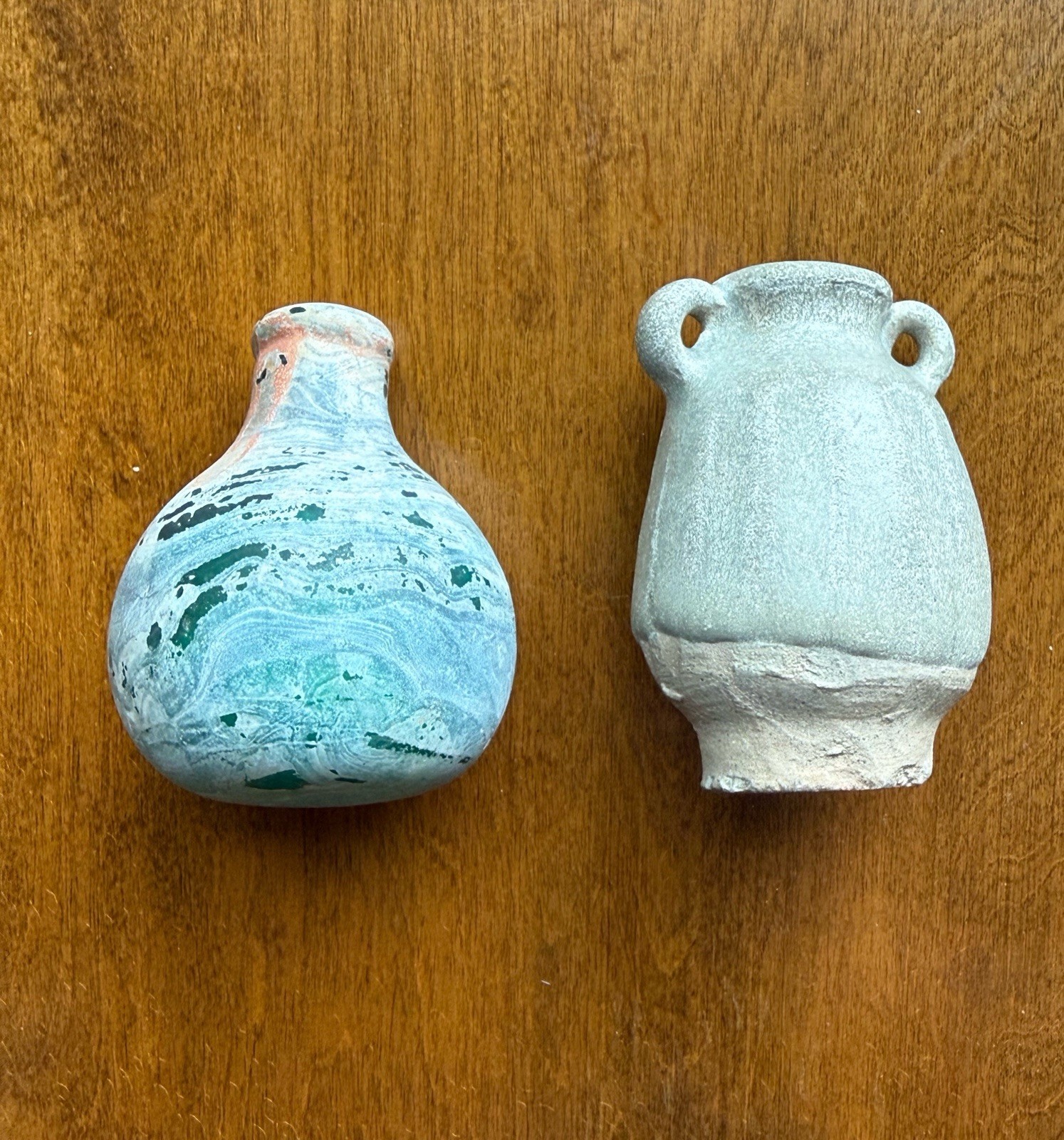 2 Small Art Pieces – Hand Blown Glass & Studio Produced Green Porcelain Amphorae