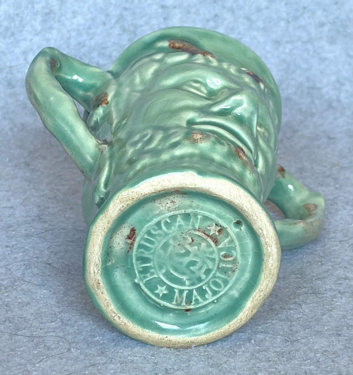 Antique Griffen, Smith & Hill Pottery Etruscan Majolica devil face vase 4″ EX!