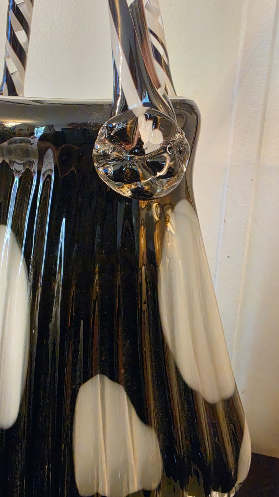 Art Glass Decorative Handled Basket Polka Dot Black White Clear Triangle 14in