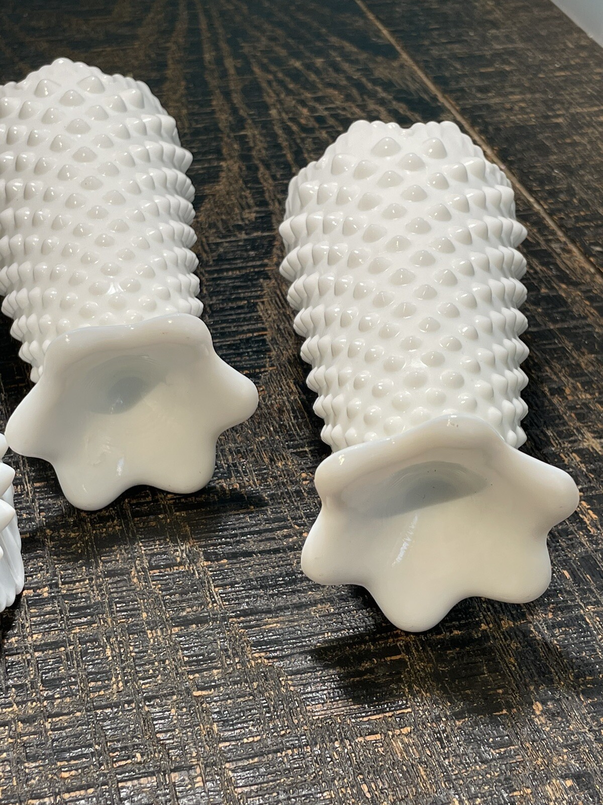 Vintage Fenton Milk Glass Covered Bowl & Vase, Hobnail Scalloped Crown Top