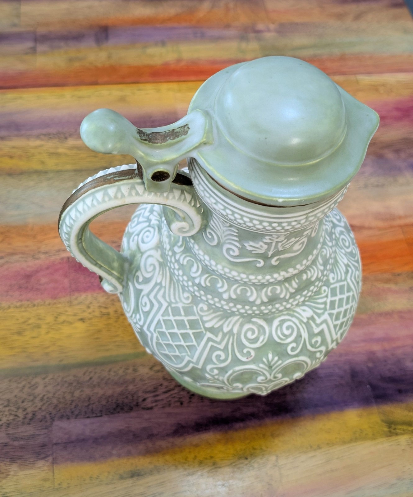 ⭐ Vintage Atlantic Mold Pitcher Vase Pottery Hand Painted 1975 Floral Design Lid