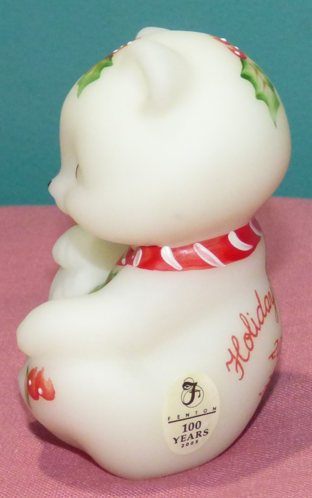 Fenton Holiday Happiness Glass Hand Painted Holly 2005 Christmas Bear