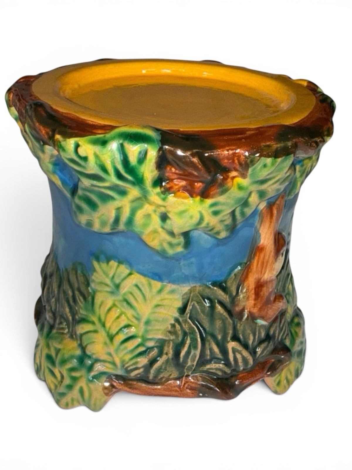 Vintage Majolica Rabbit Jardiniere Pedestal Base Planter Stand Woodland 5.0”