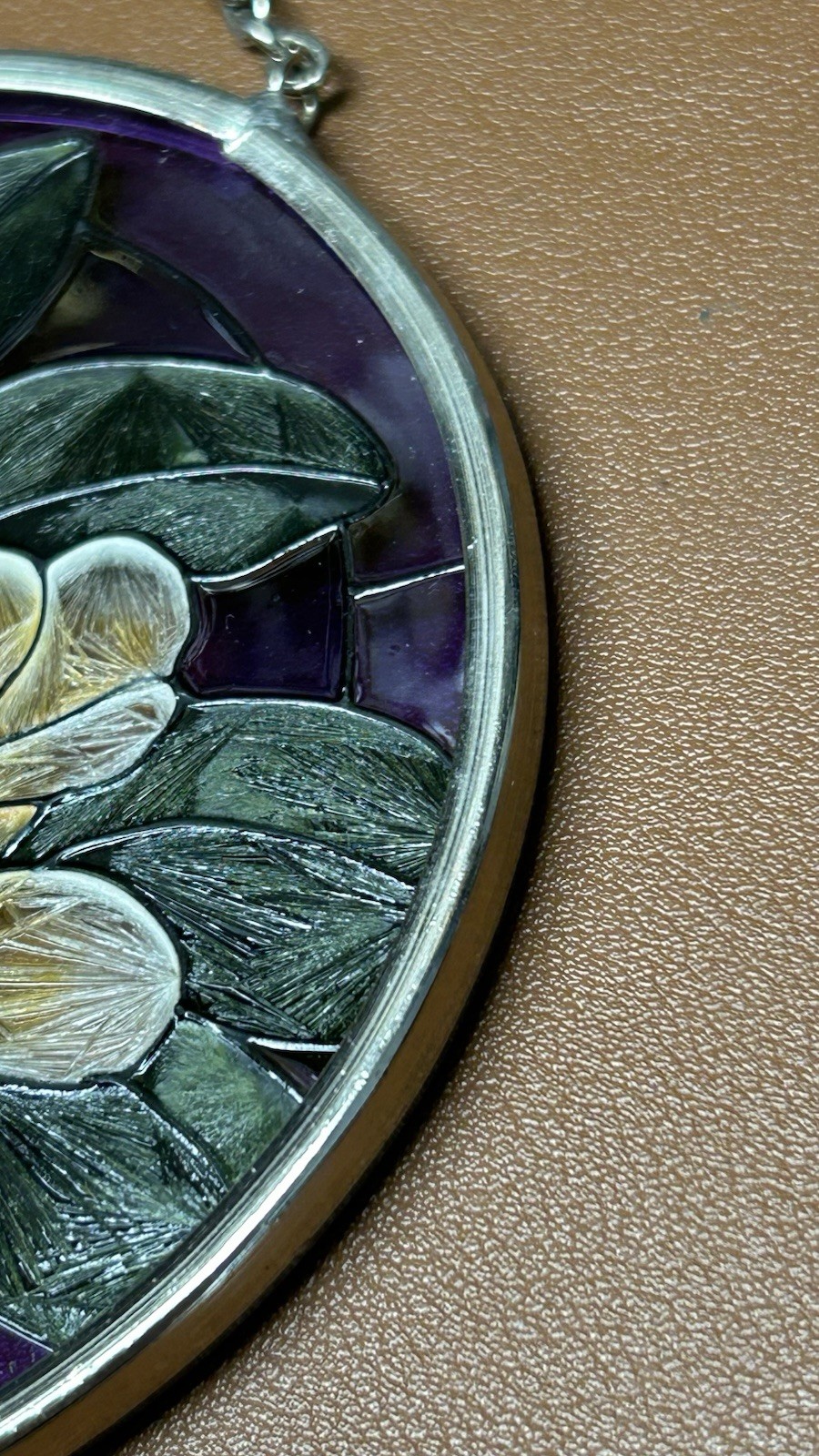 Amia Stained Glass Purple And Yellow Painted Flowers Round Hanging Decor 3.25 in