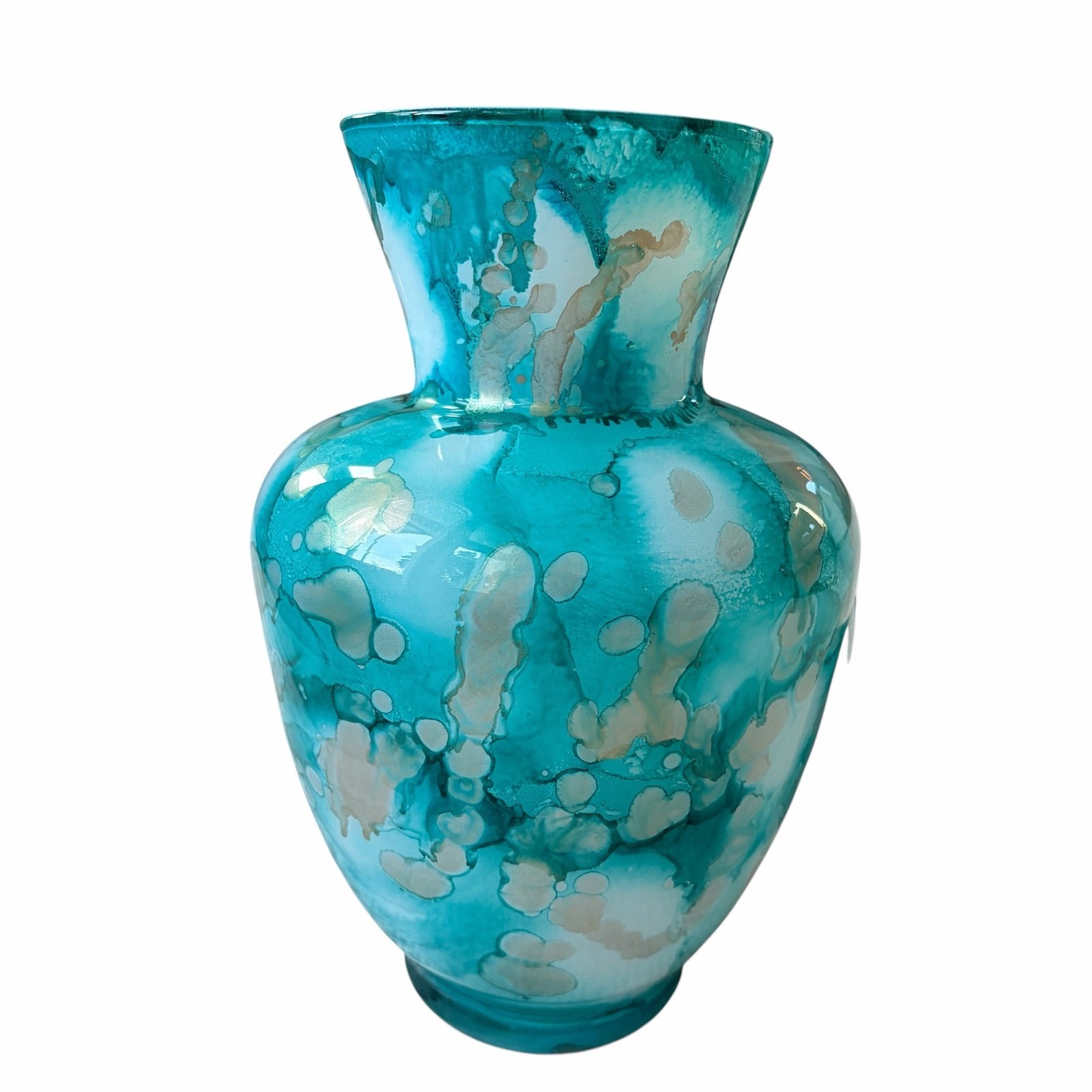 Italian Murano Turquoise Watercolor Art Glass Vase 10.5in Hand Blown NEW