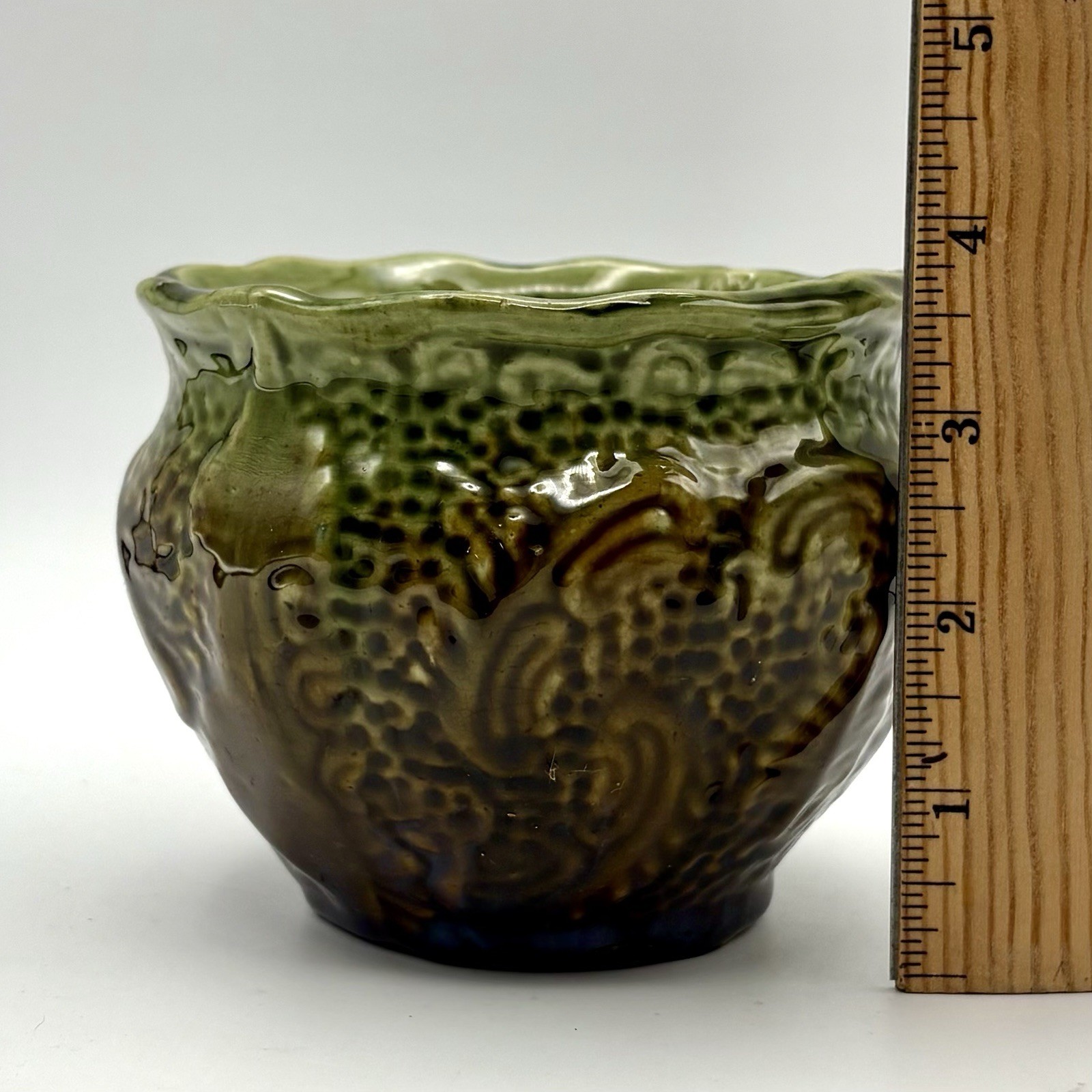 Antique Green Brown Glazed Majolica Jardiniere Planter Ceramic 3.75” X 4.25”