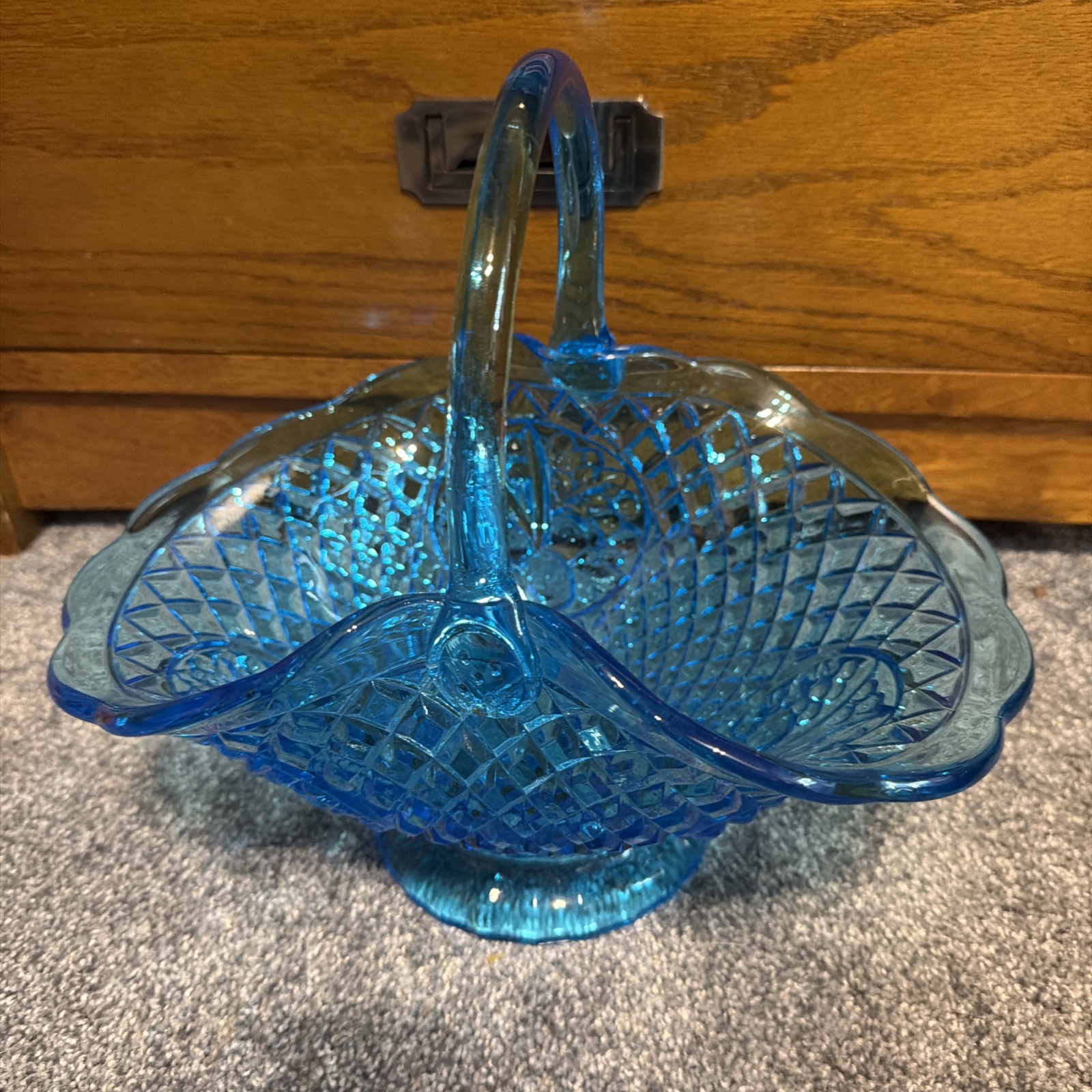 Vintage Indiana Glass Tiara Blue Glass Basket with Handle, Diamond Point