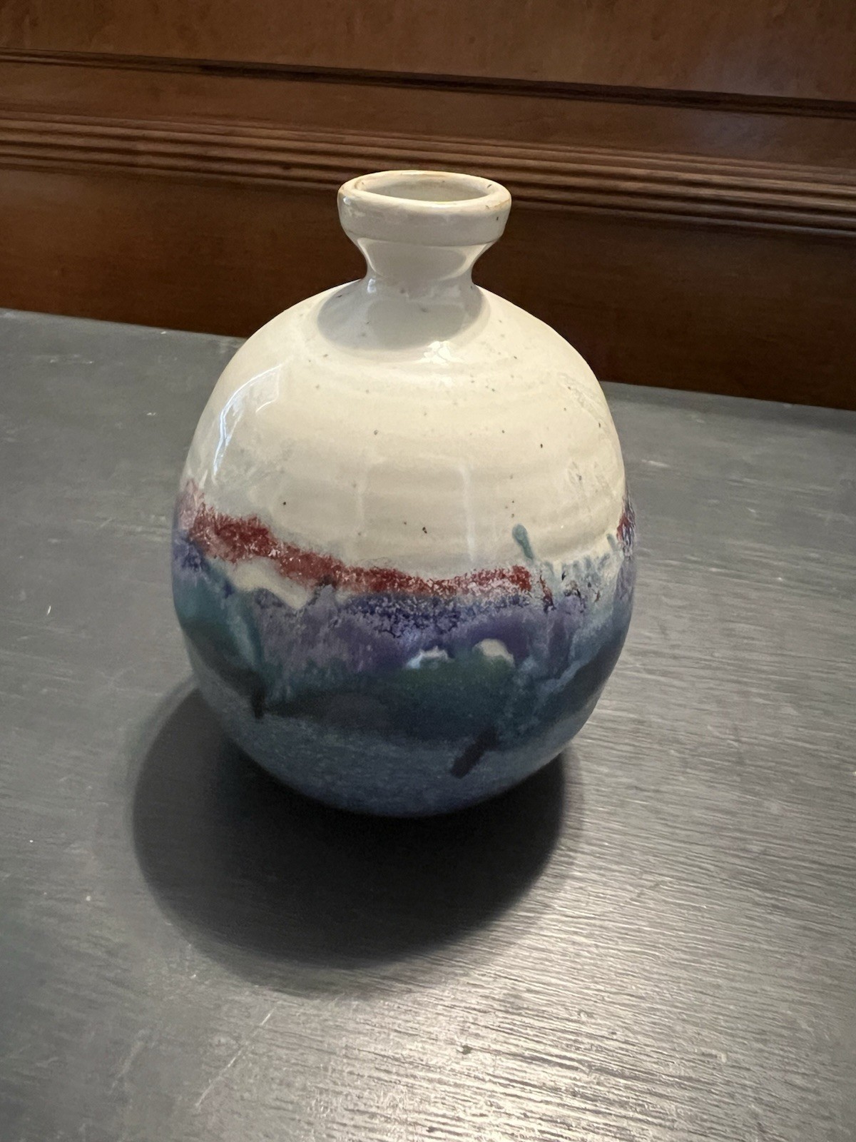 Signed Pottery Vase Blue, Green, Red, And Stone 4×5 Inches