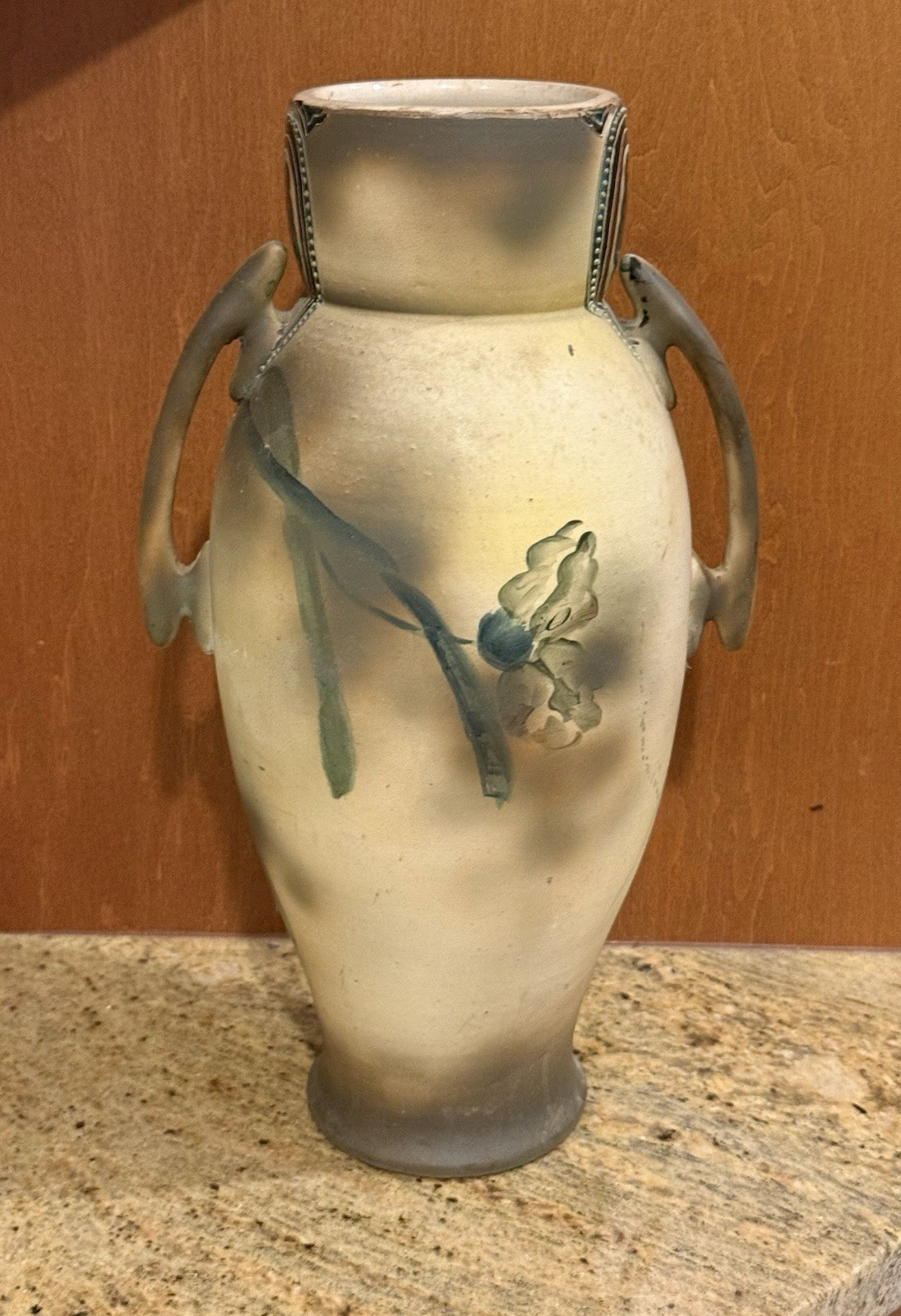 Art Nouveau 15” Hand-Painted Double Handle Floral Vase –Matte Finish Iris Design