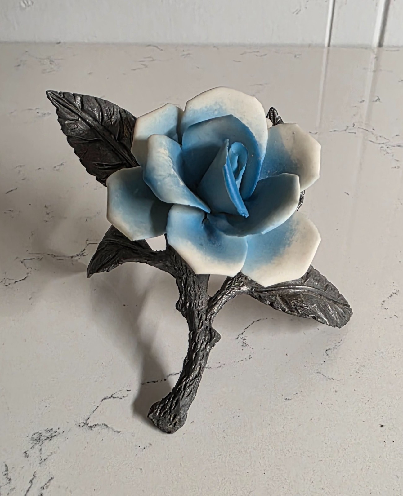 Vintage Capodimonte Blue Porcelain Rose w/ Metal Stem & Leaves Italy Floral