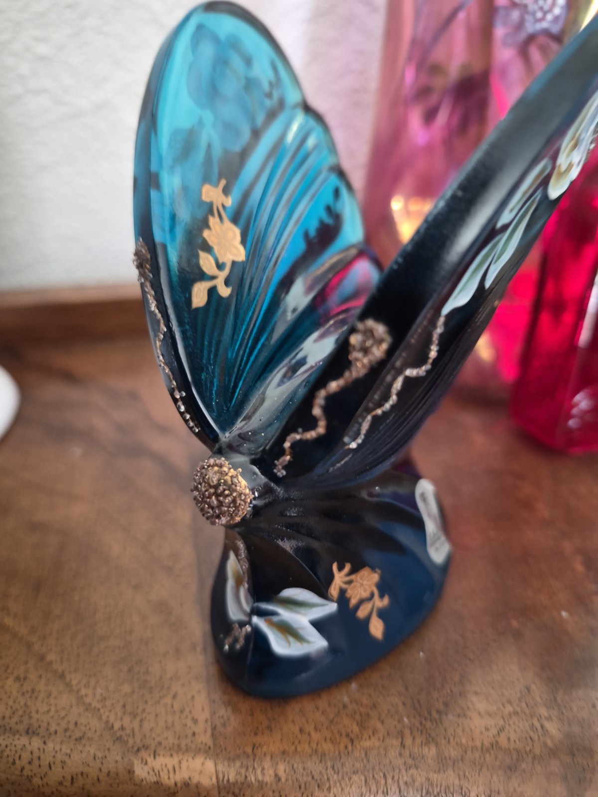 Fenton Turquoise Butterfly – Art Glass, Hand Painted & Signed by Artist