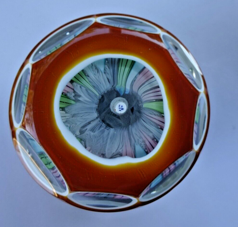 1981H Perthshire Glass Amber Overlay Faceted Millefiori Paperweight Fancy Cut LE