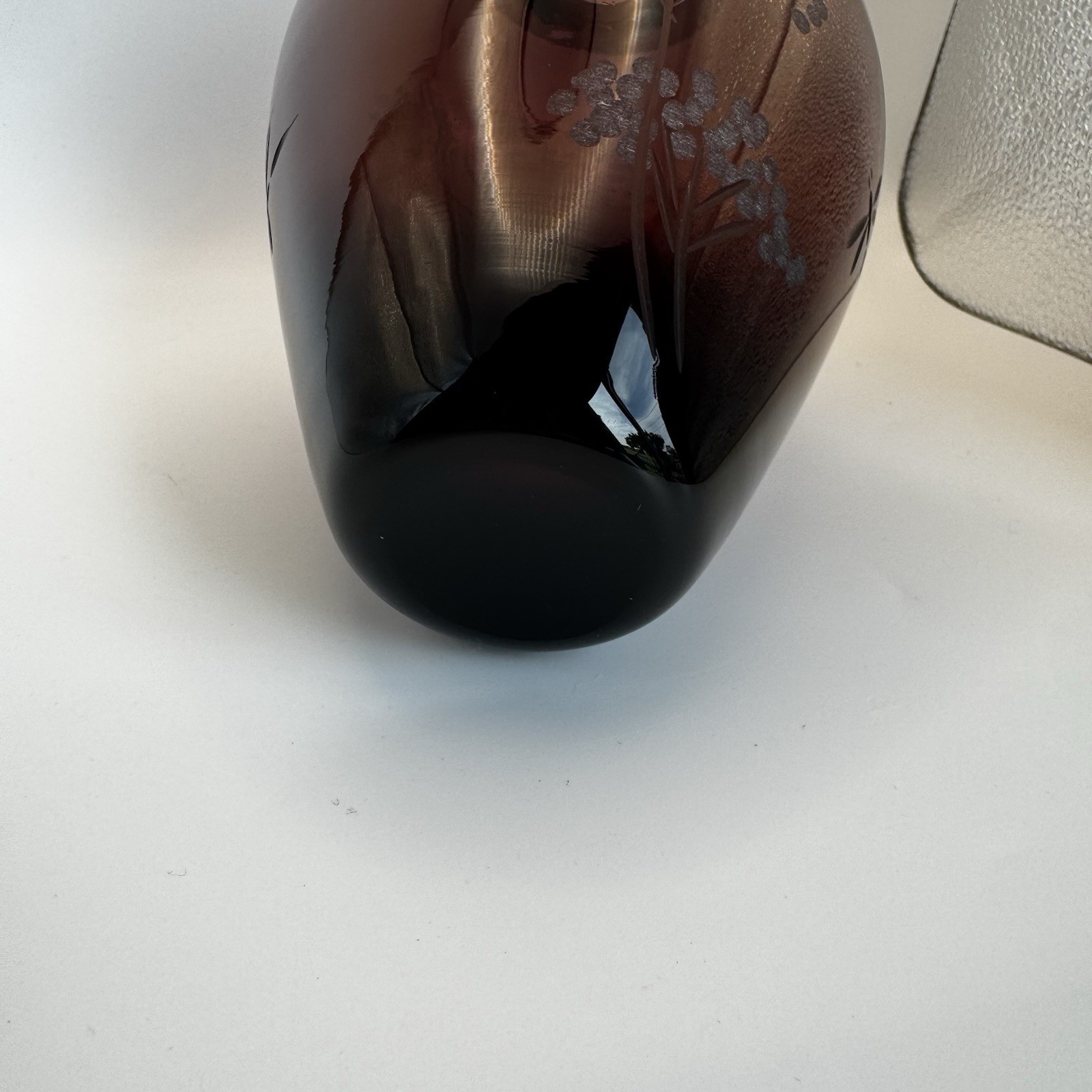 Hand Blown Ruby Red Vase Etched Trees & Dragonfly 8”