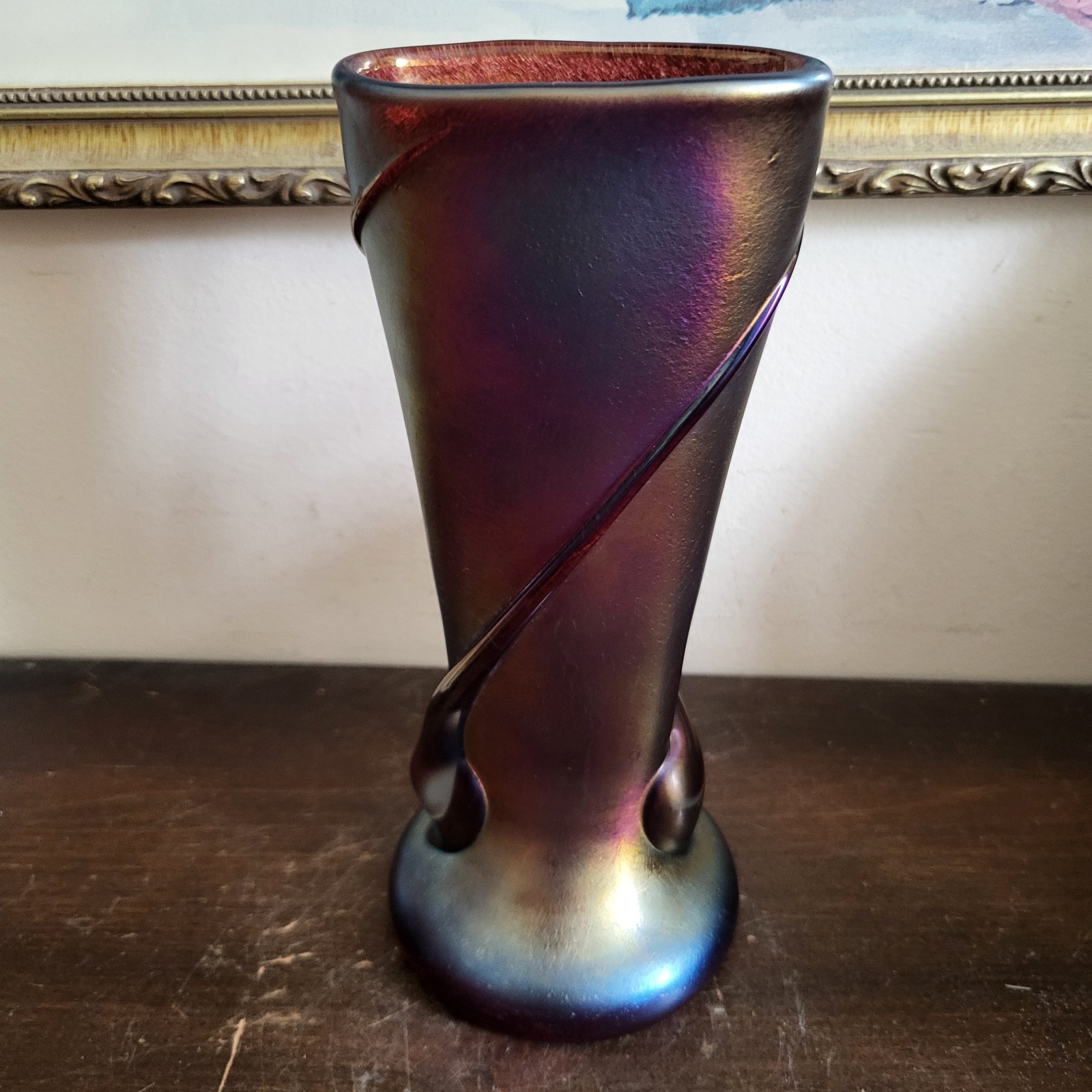 Zellique Studio Joseph Morel Hand Blown Iridescent Art Glass Vase 8″