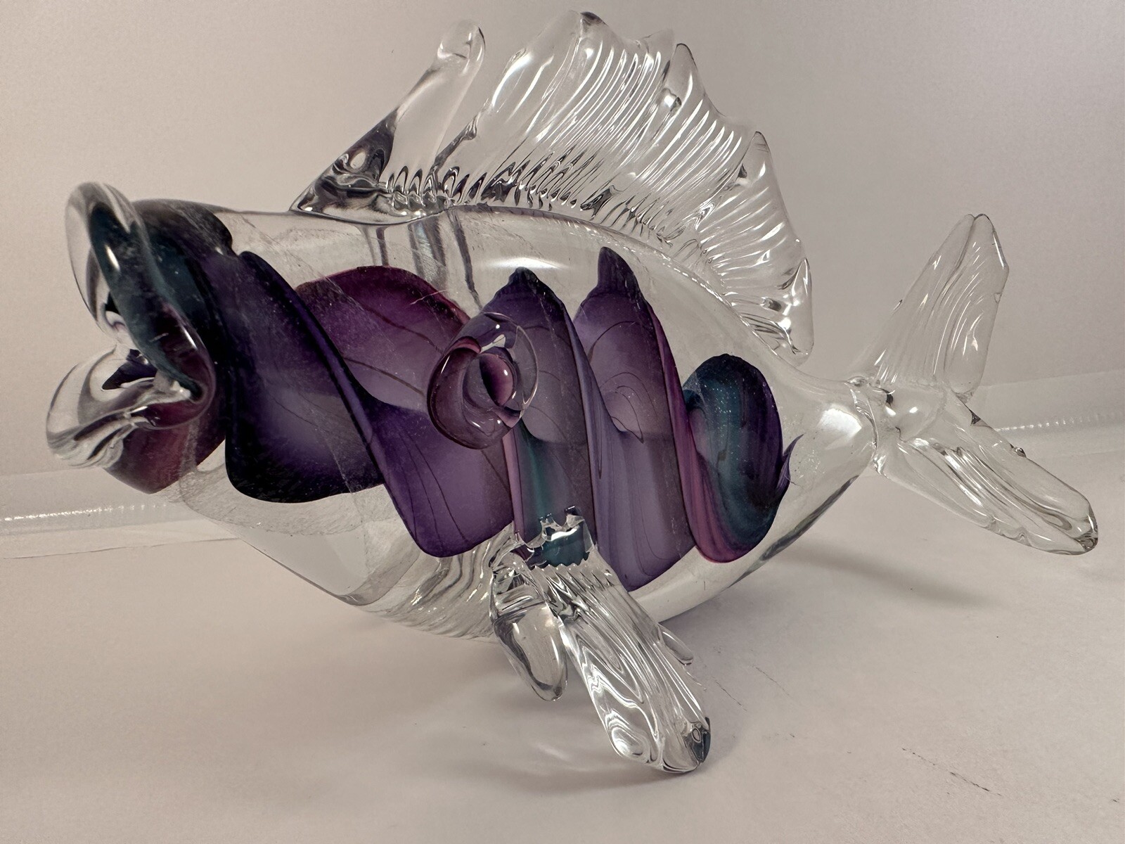 Bruce Freund 1996 Signed Purple & Clear Art Glass Fish Figurine 5.25”x8.5”x3.75”