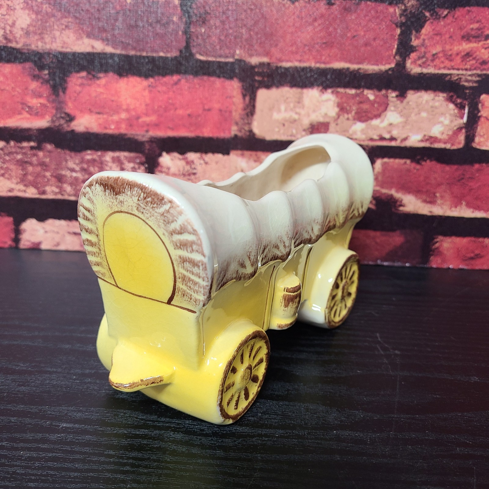Vintage Ceramic Covered Wagon Planter Yellow Cream Brown Decorative 6 3/4 Long