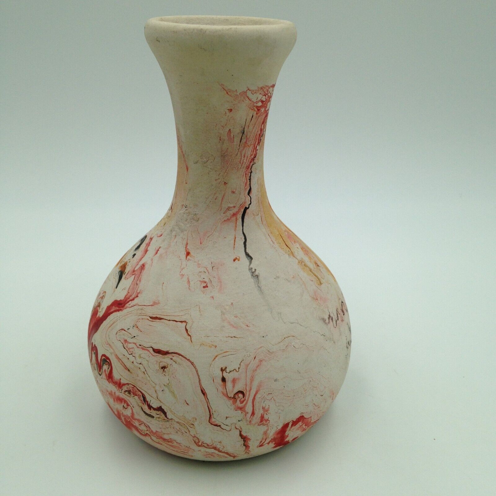 Nemadji Hand Made Red Black and Orange Swirl Vase Pottery 6.5 Inch Vintage
