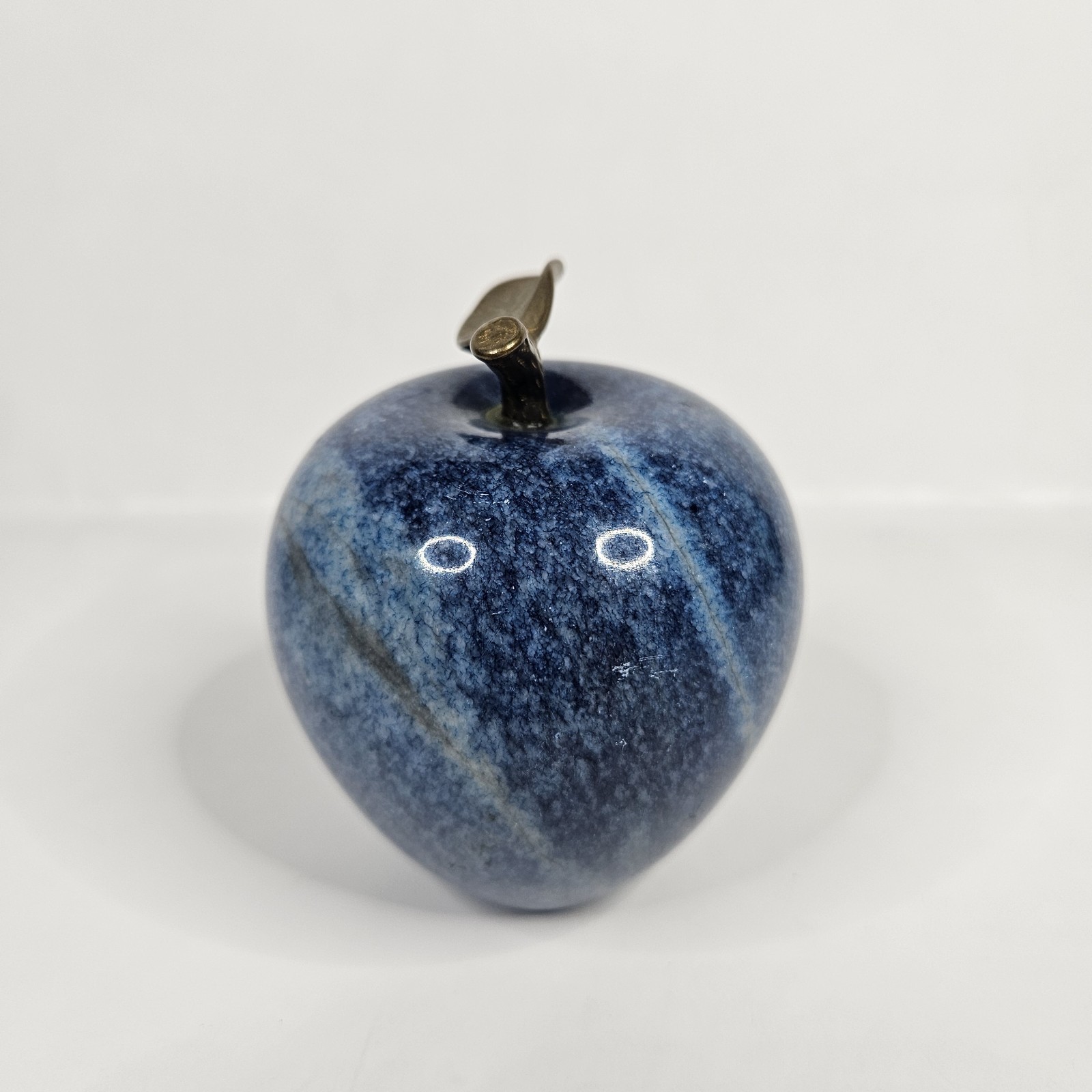 Vintage Blue Marble Apple With Brass Stem/Leaf 3.75”H x 3.25”W