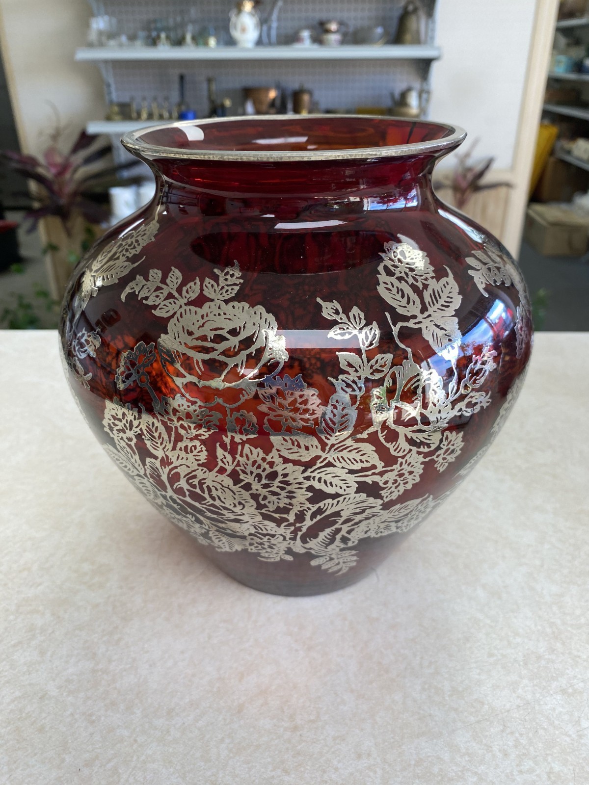 Ruby Red glass 8″ vase with silver overlay Made in USA 1938-1945