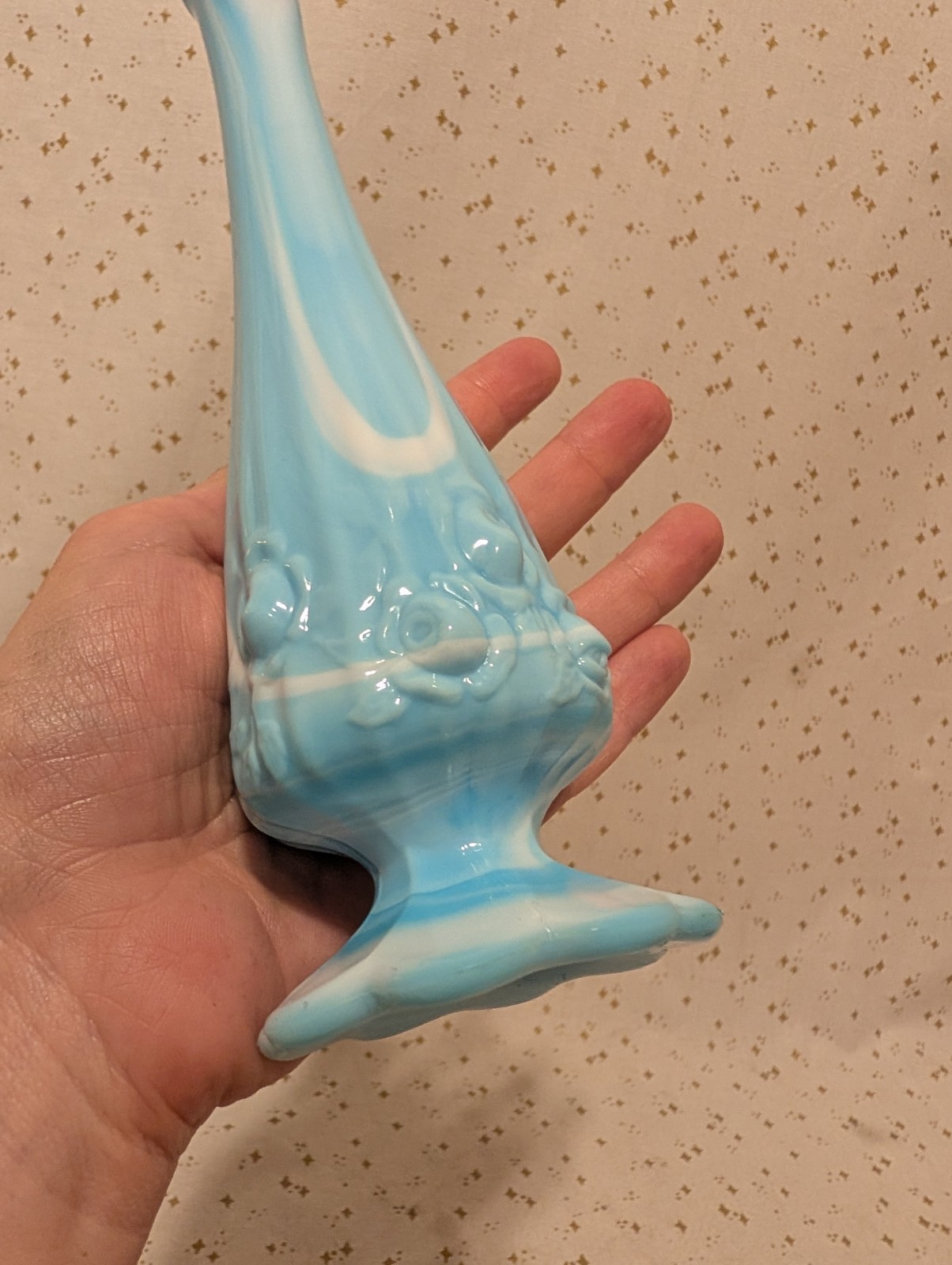 9″ Vintage FENTON Blue Marble SLAG GLASS Cabbage ROSE Swung BUD VASE Art MCM
