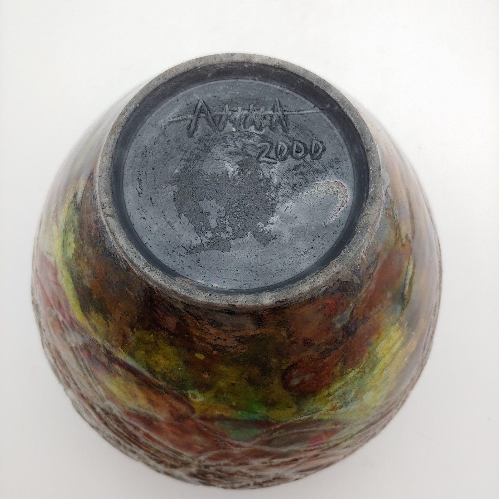 Handmade Signed Raku Pottery Vase – 7″ vtg Red Metallic Incised Abstract Art