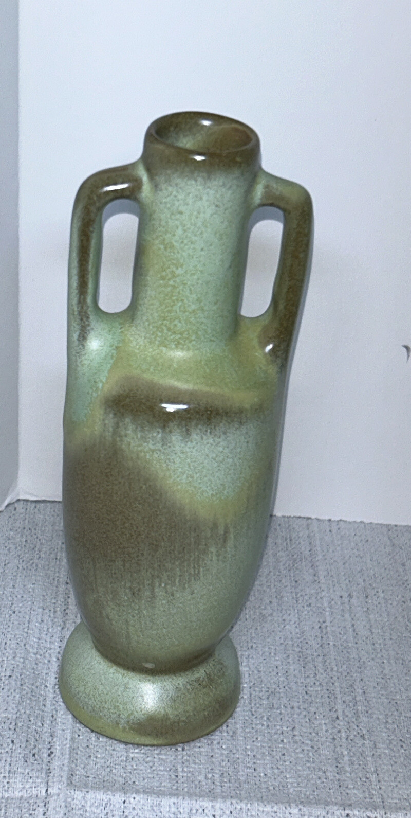 Frankoma 60s 70s MCM Double Handle Vase Praire Green Brown 6.75 inches tall