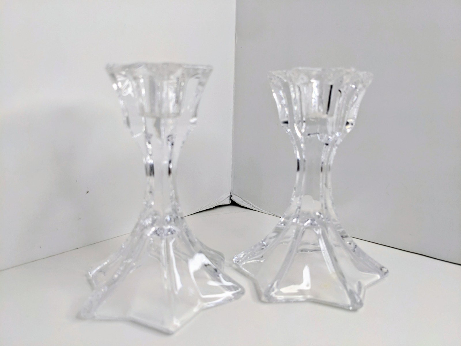 2 Vintage Crystal Taper Candle Stick Holders Star Shape 4” Set Of 2