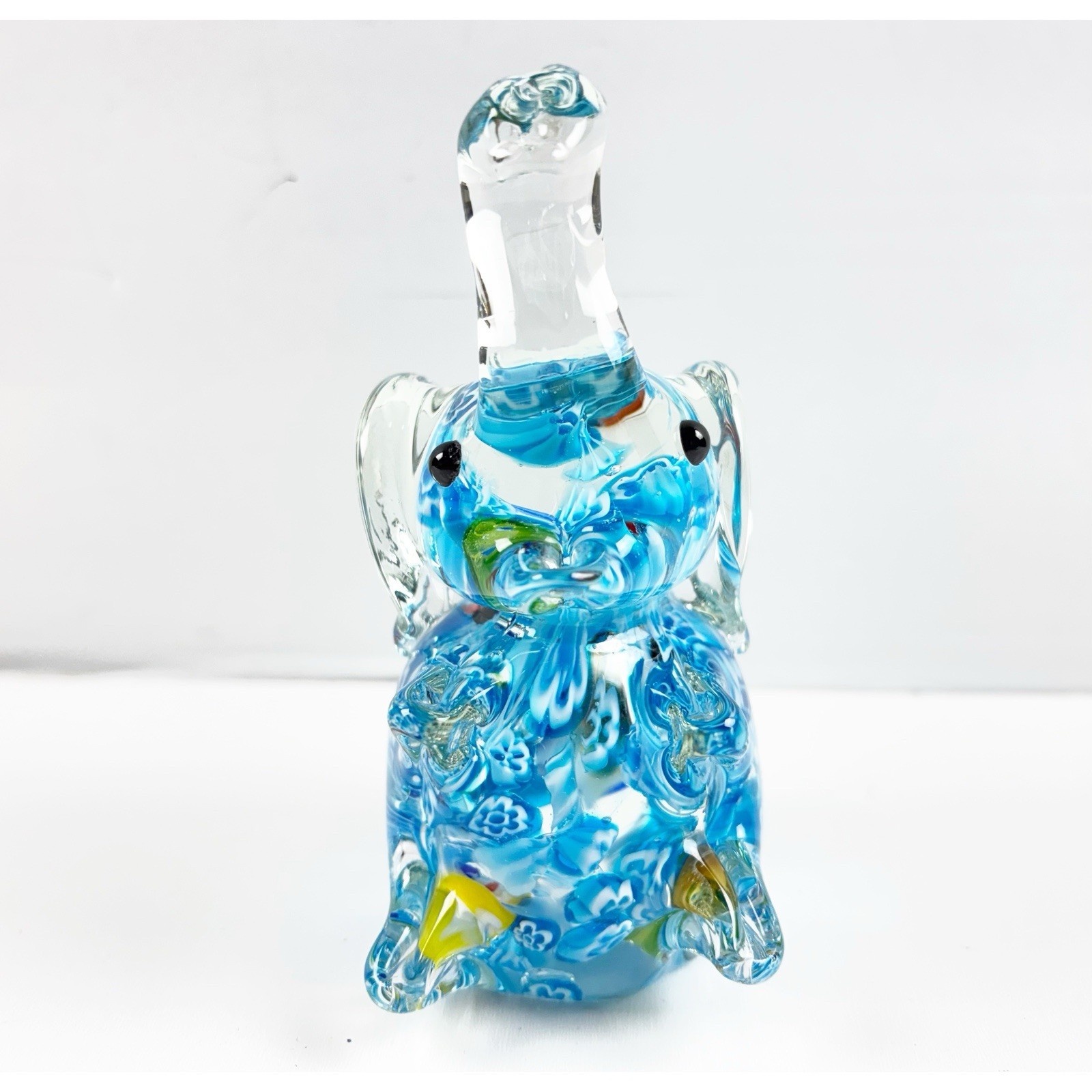 Elephant Paperweight Hand Blown Millefiori Art Glass Blue Floral 4.5” Trunk Up