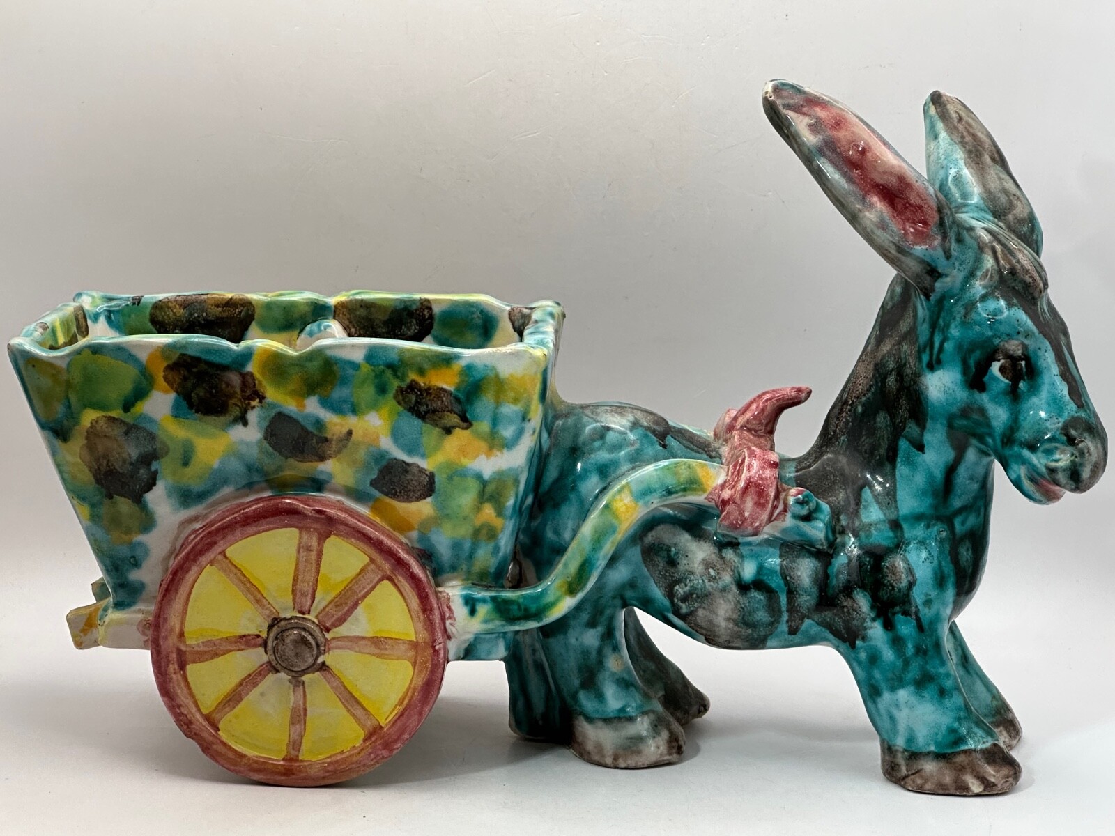 11.5″ Vintage Mid Century Italian Pottery Planter Donkey Pulling Cart Italy MCM