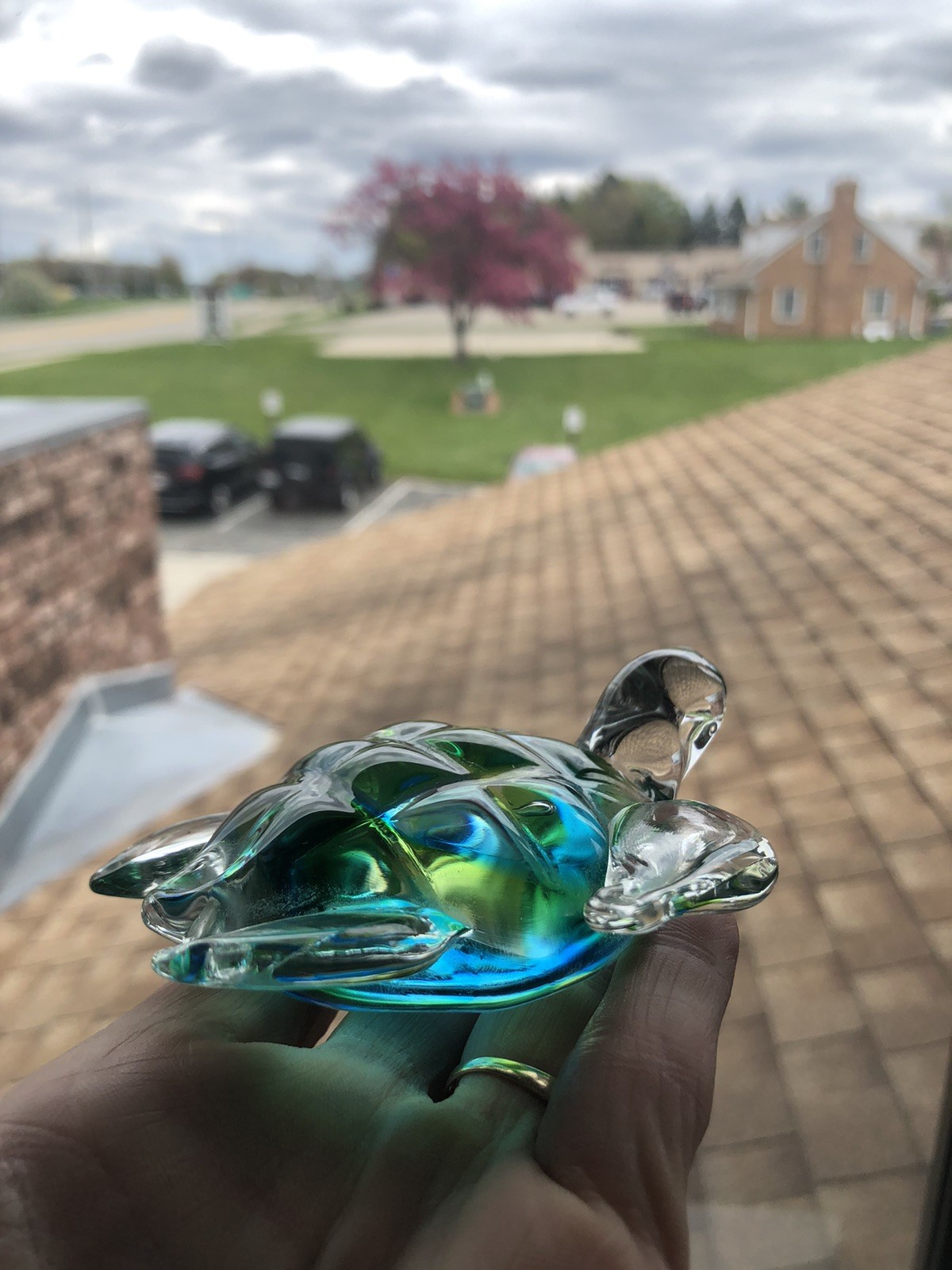 Handcrafted Blown Glass Sea Turtle Figurine Vibrant Blue Green Shell 4”