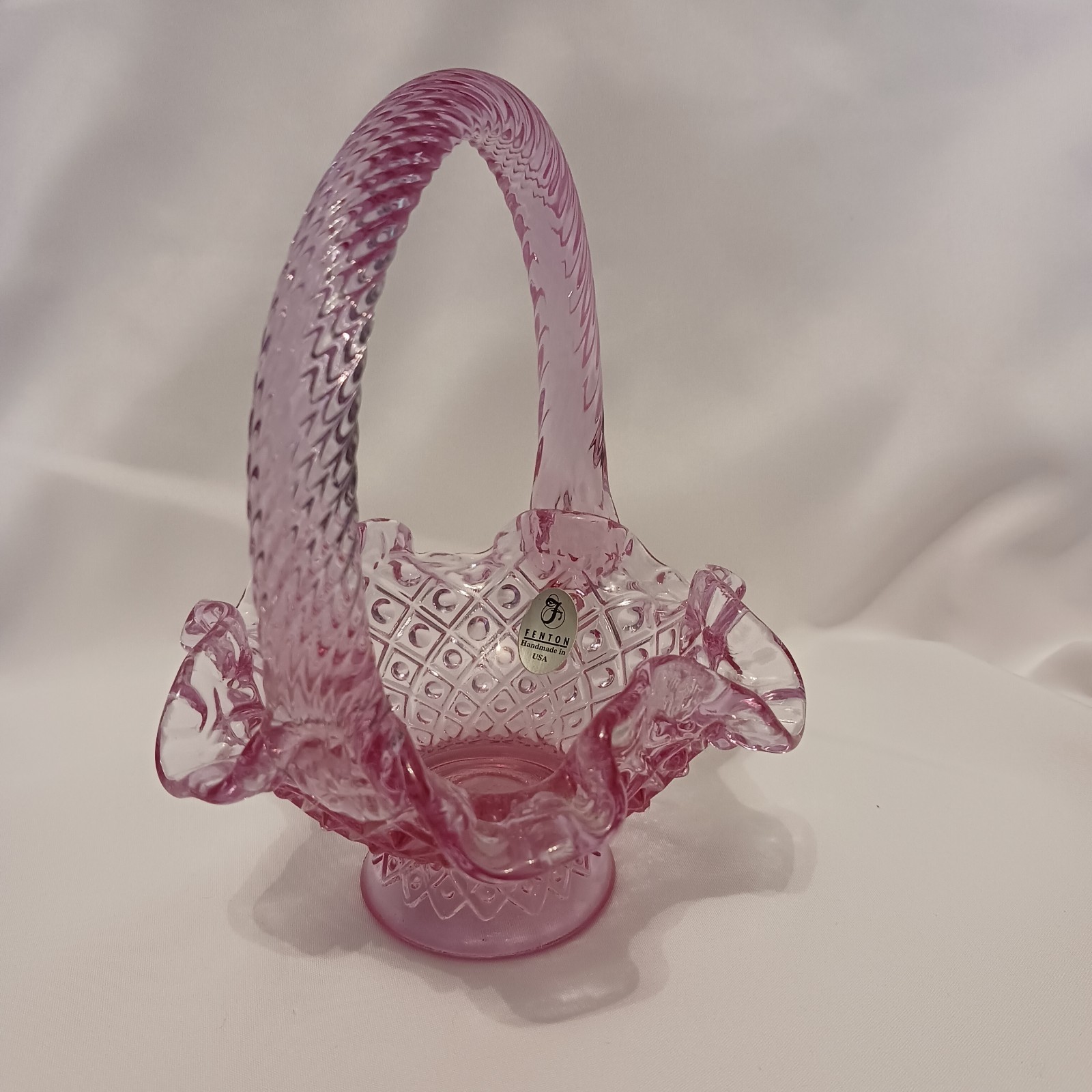Fenton Art Glass Pressed Pink Diamond Dot Hobnail Pattern Basket with Handle 6″