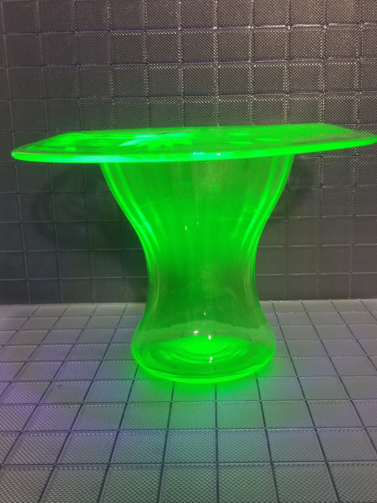 Vintage Lancaster Glass * Sweet Pea Vase * Uranium Green Floral Wheel Cut * 1910