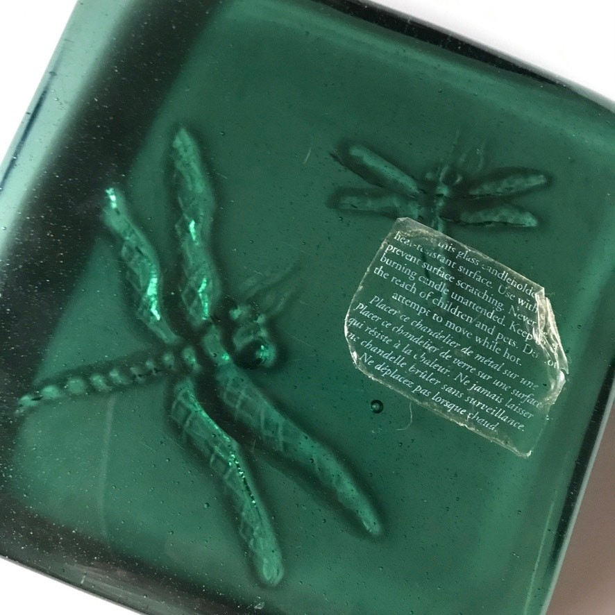 Green glass dragonfly candle holder / paperweight / tile 5.5″ square