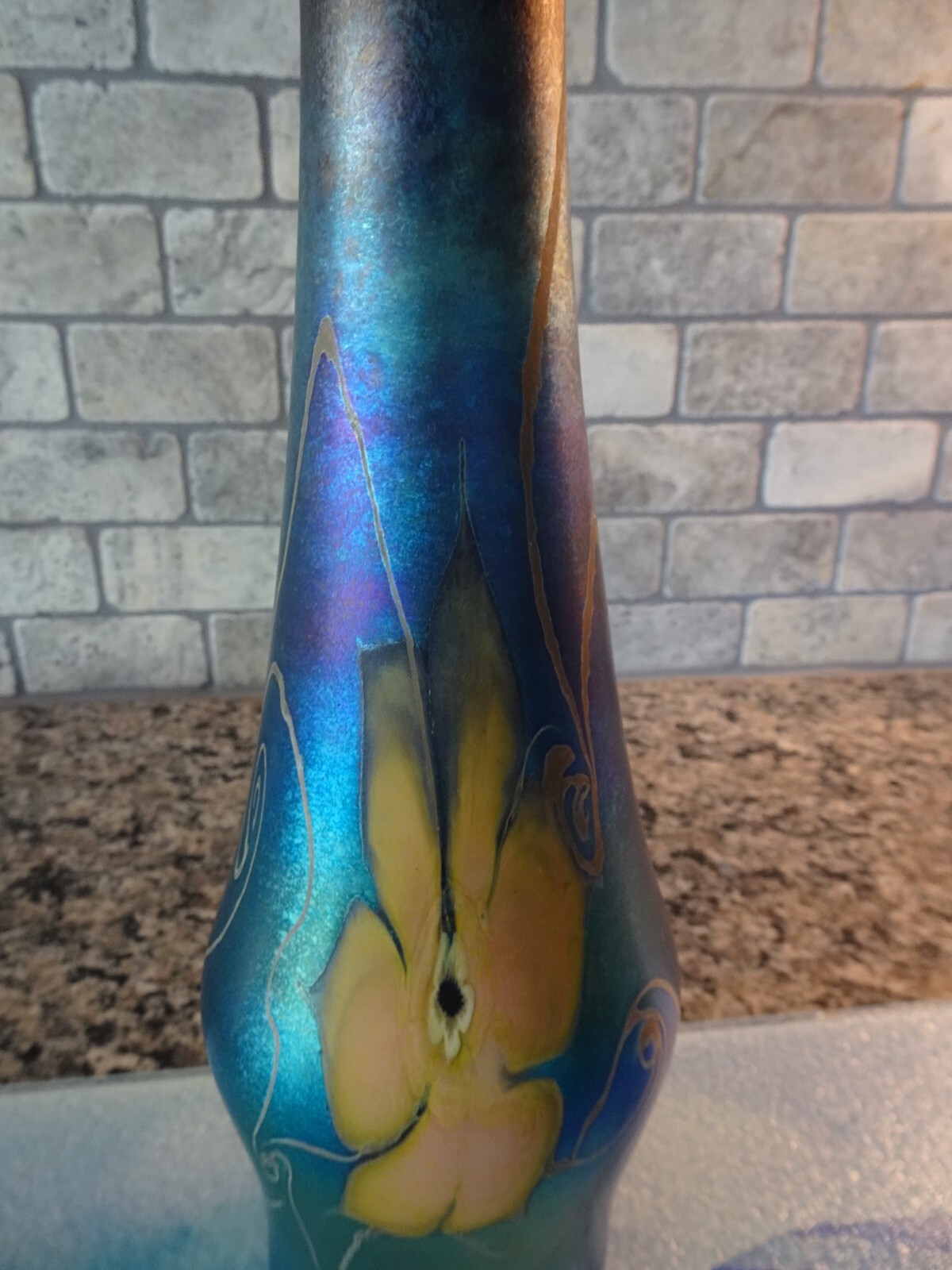 Signed Vandermark Studio Art Glass Blue Aurene Iridescent Floral Vase 10.5″