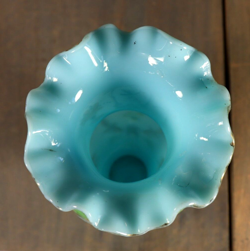 Antique French Blue Opaline Vase Glass Enameled Bird Victorian -Ships DDP to USA