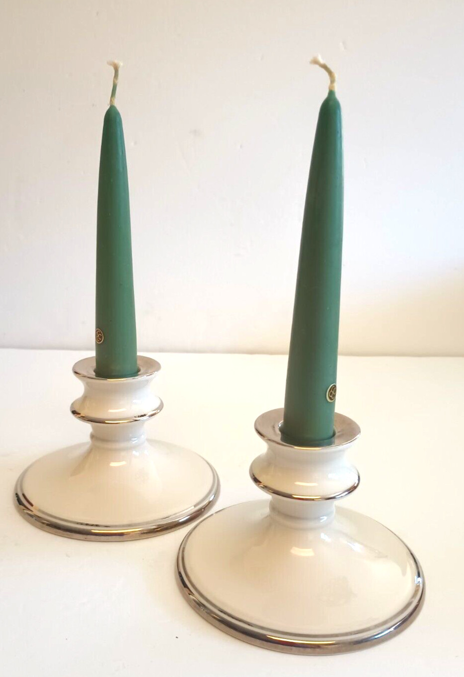 Pickard China Pickard Candle Holders Made in USA Cream White with Silver Accent