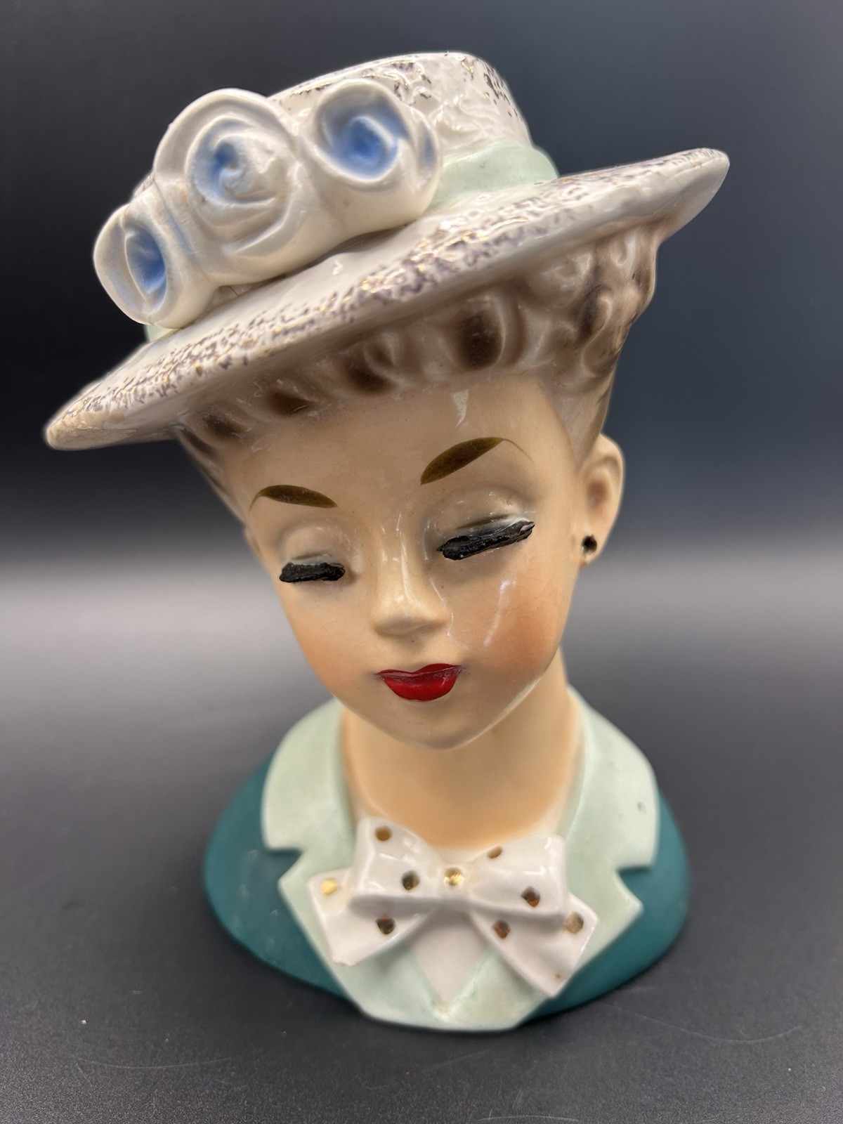 Vintage Ardco Lady Head Vase Hat w/Blue Flowers, Teal & Mint Green Top & Bow Tie