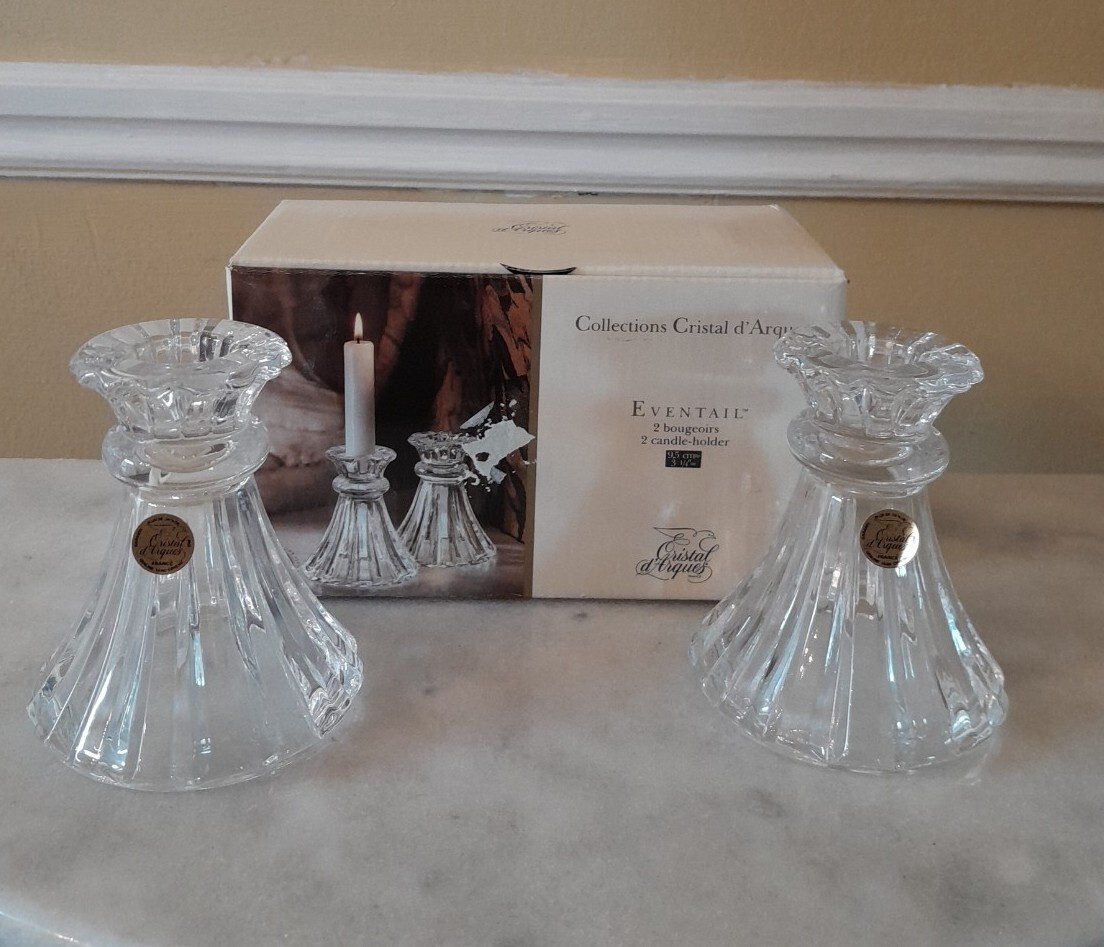 J.G Durand Collections Cristal d Arques Eventail Glass Pair Candle Holder France