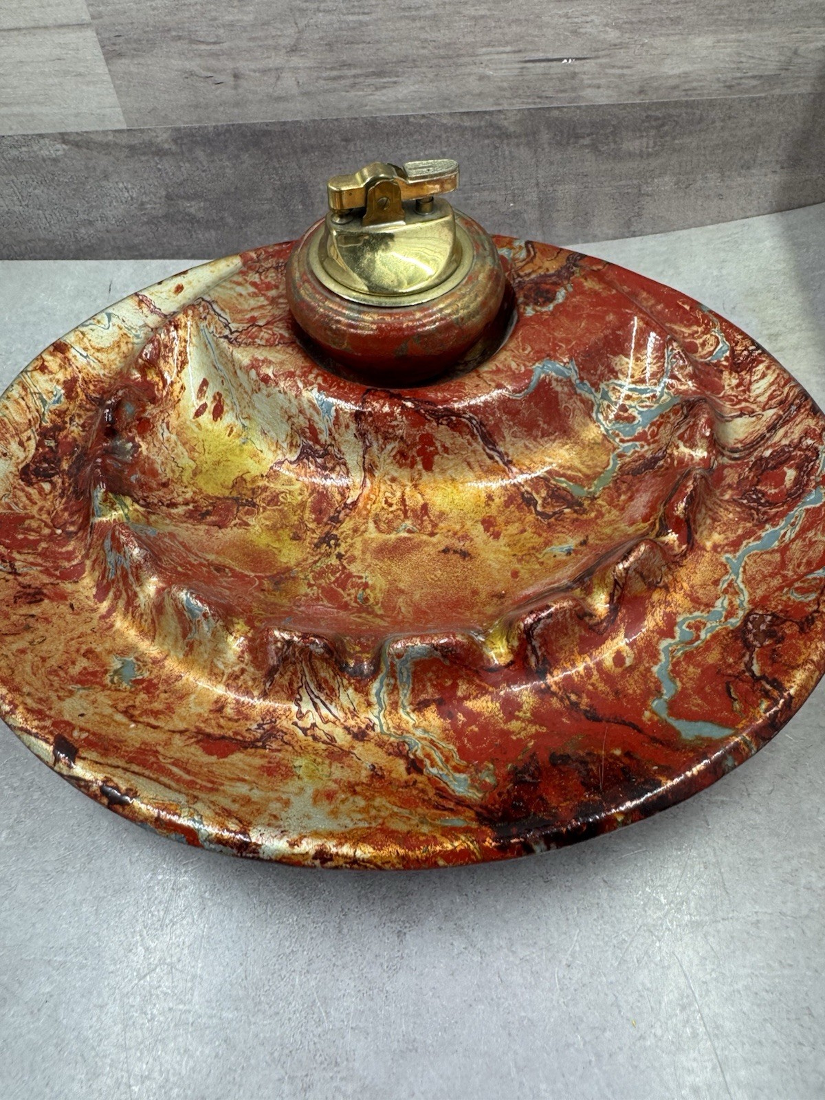 Vintage California USA Original Pottery Ashtray w/ Lighter Red Orange Gold Glaze