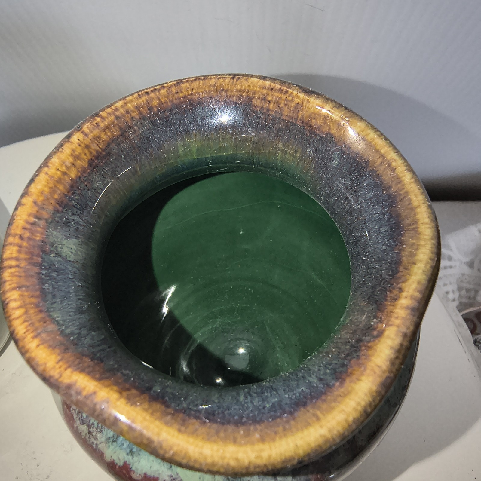 Vintage Studio Art Pottery Vases & Bowl Green & Browns Drip Glaze Set Signed RY
