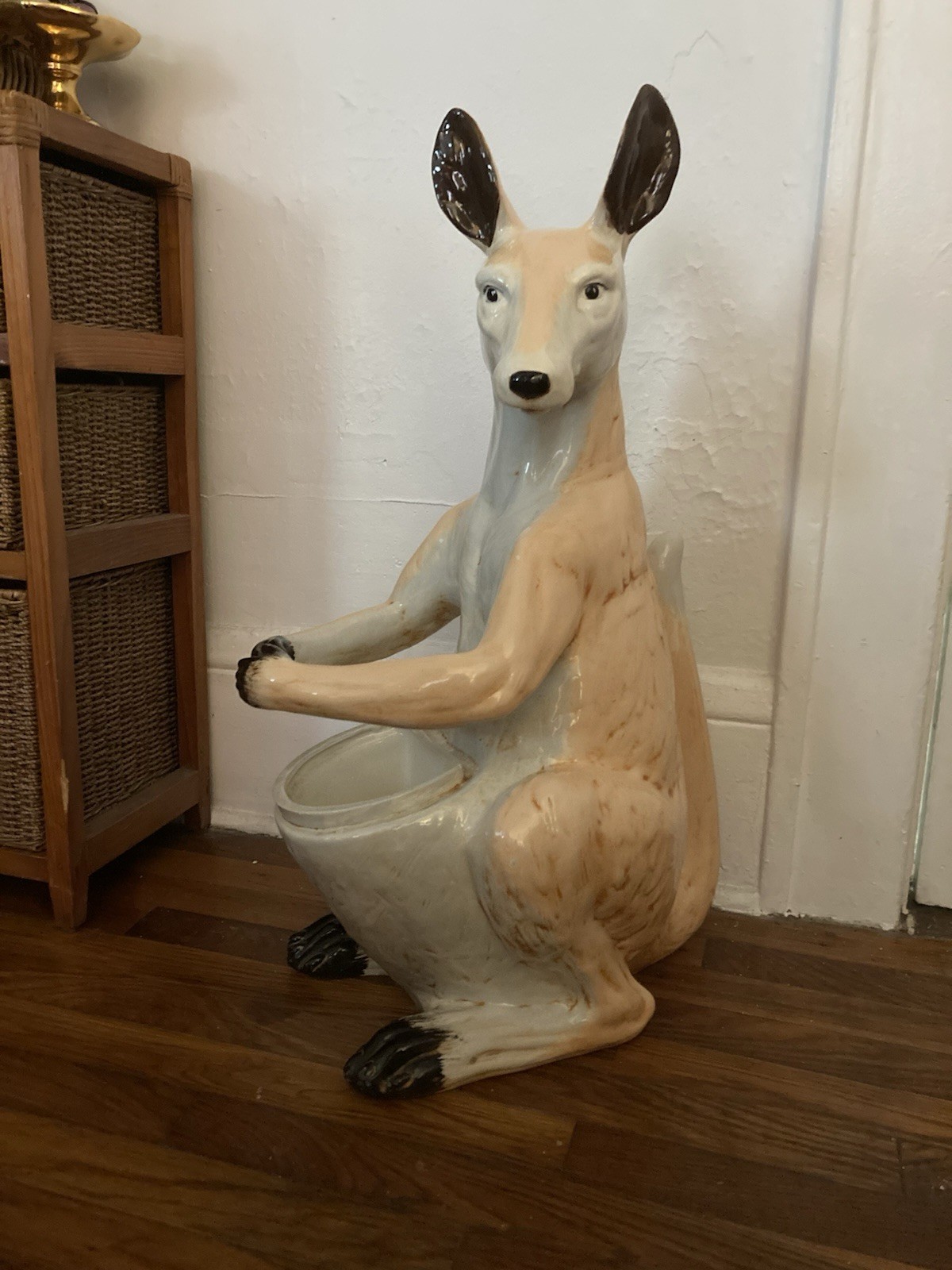 Glossy Ceramic Kangaroo Figurine Umbrella Stand/Holder Beige White Black