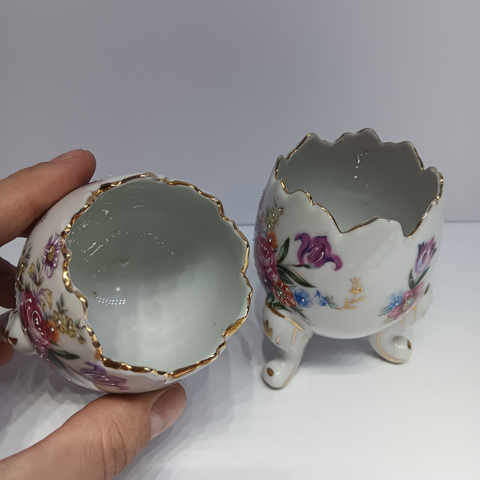 Fine A Quality Porcelain Eggs Pink Purple Flowers Japan Hand Painted w/Gold Trim