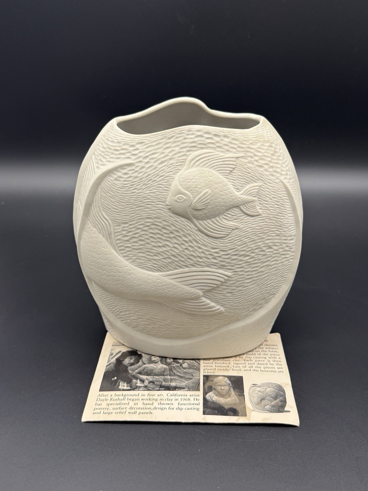 Vintage 1983 Dayle Rushall Studio Pottery Vase Mermaid Turtle Signed Receipt 8″