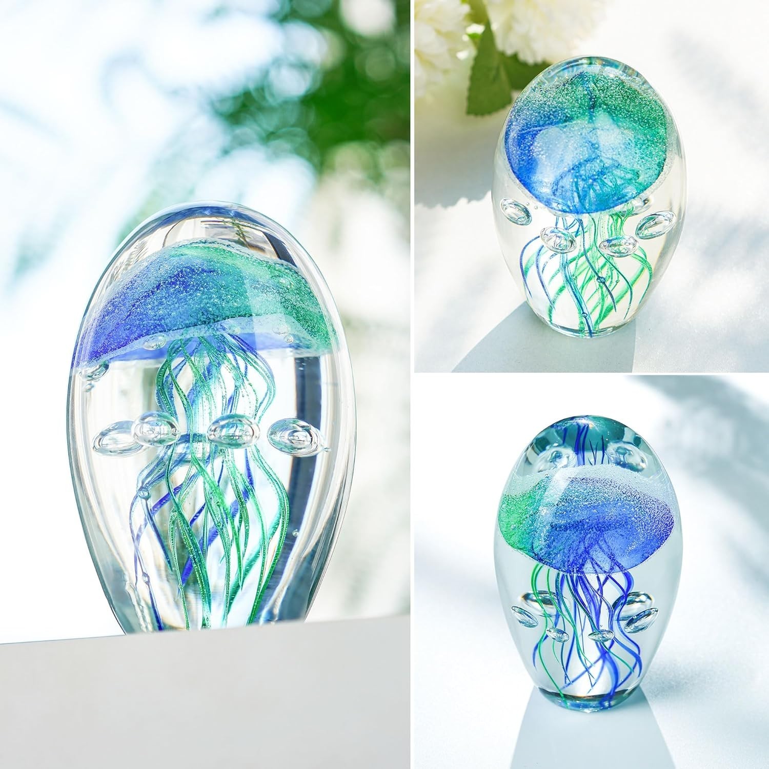 Glass Jellyfish Paperweight 3.8″ Hand Blown Figurine Decor QFkris