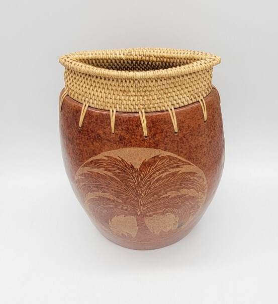 Large Vintage Terracotta & Woven Rattan Vase HandEtched Palm Tree Oval Shape