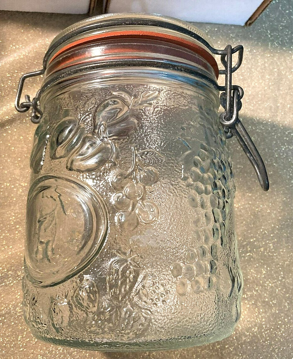 Vintage Clear Glass Decorated Jar/Canister w/ Fruit Pattern w/Original Seal-4×6″
