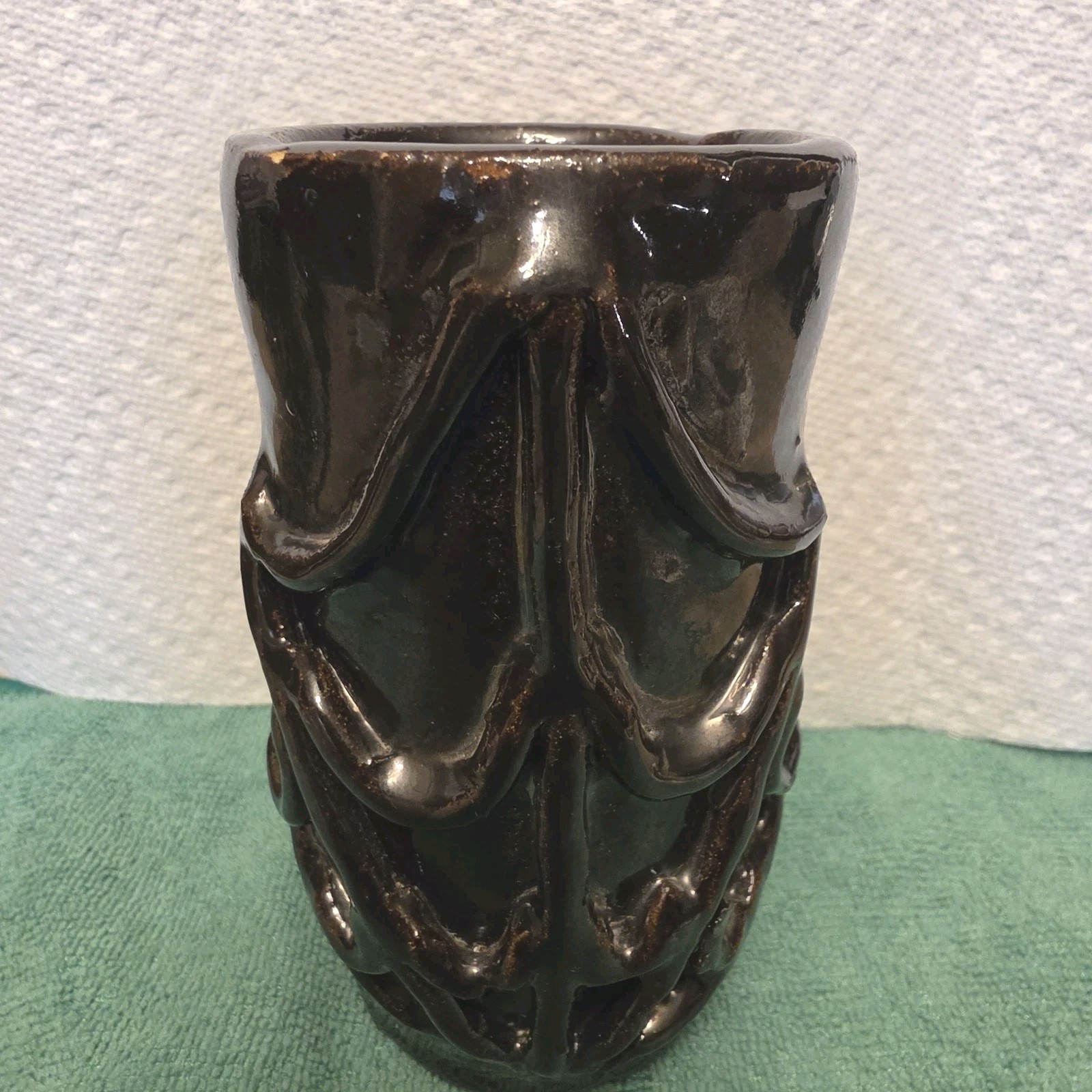 Vintage Brown Mug 8oz Stoneware Unique FUNKY Double Finger Handle SPIDERWEB 70s